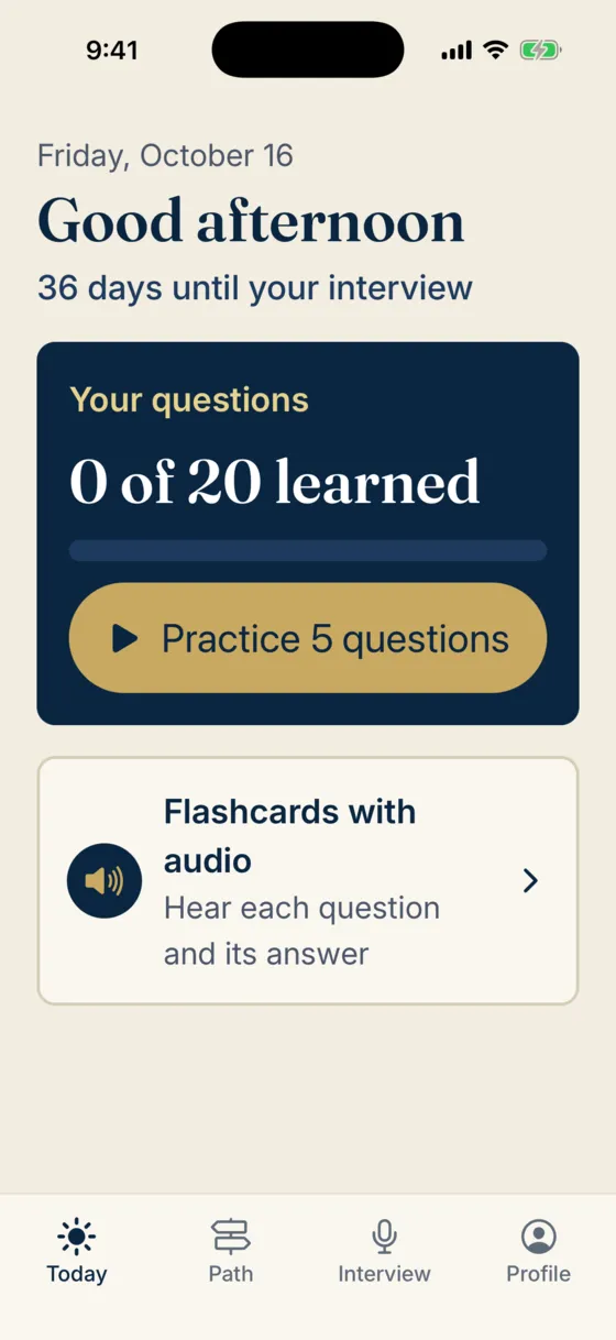 Easy mode: 0 of 20 questions learned, large text